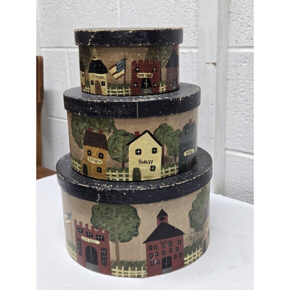 Stacked Shaker Boxes 3 Hand Painted Cottagecore Farm Homestead - Picture 2 of 16